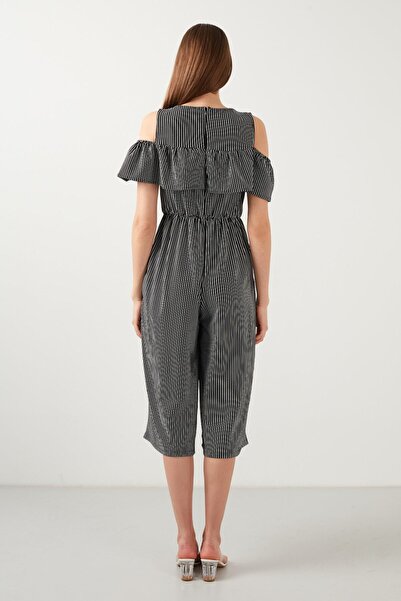 Lela Kadın Siyah Çizgili Bisiklet Yaka Omuz Detaylı Cepli Tulum 5863143