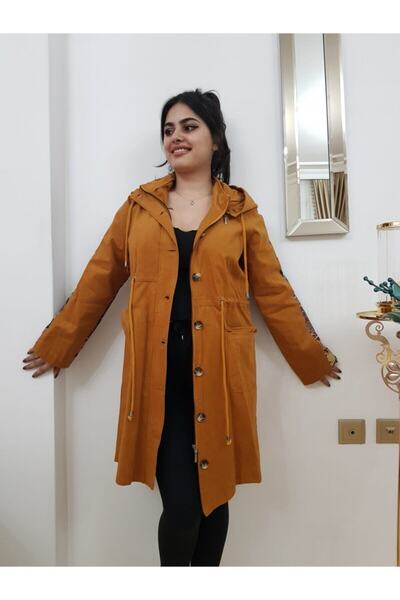 FERGAN Taba Etnik Desen Nakışlı Trençkot