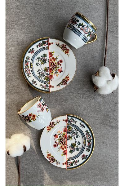 porselenden Kütahya Two Patterned, Double Pattern Blue Series Set of 2 Coffee Cups