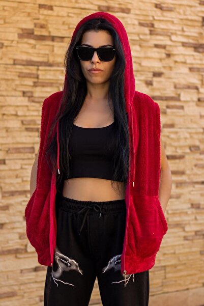 Azıcık Akıllı Γυναικείο κόκκινο βελούδινο μαλακό γιλέκο με φερμουάρ με κουκούλα 22kylkpelo