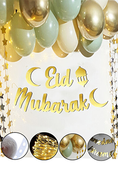 Parti dolabı Eid Mubarak Gold Yazı Ledli Balon Zincir Seti Arapça Banner Rama...