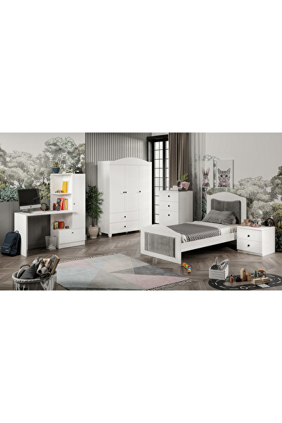 MERLİN MOBİLYA Torino Beyaz-Antrasit Detaylı Genç Odası Takımı , Çalışma Masa...
