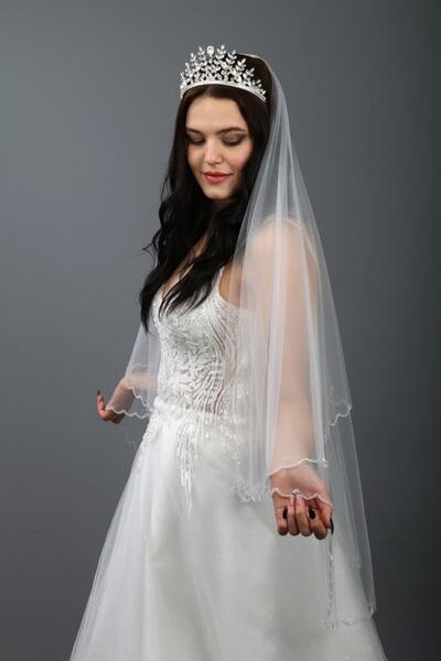 paris in paris Kırık Beyaz Gelinlik Duvağı-nikah Duvağı Kristal Taş Işlemeli Iki Katlı Taraklı 1 Mt Uzunlukta