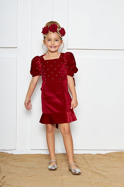 zühre balaban Velvet Lighter Pearl Watermelon Sleeve Girl's Short Evening Dress