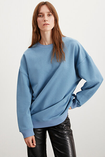 GRIMELANGE Allys Women's Crew Neck Oversize Basic Blue Sweatshirt