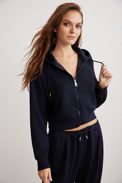 GRIMELANGE Jıll Damen-Sweatshirt „Relaxed Fit Comfortable Fit“ mit Kapuze und Reißverschluss, Premium-Stoff, gestrickt, Marineblau