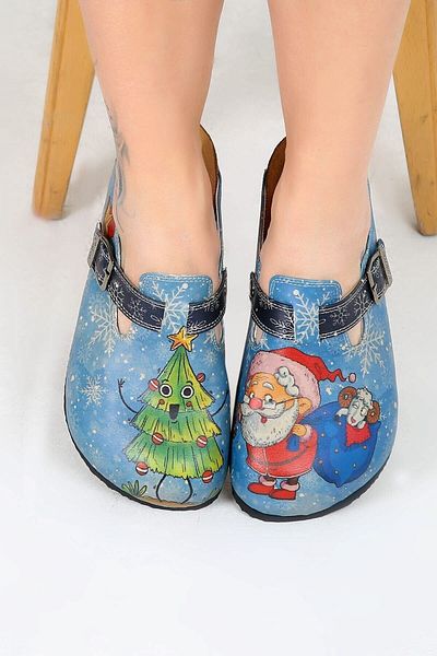 Goby Santa Claus And New Year Printed Closed Toe Blue Red Sabo Women's Slippers