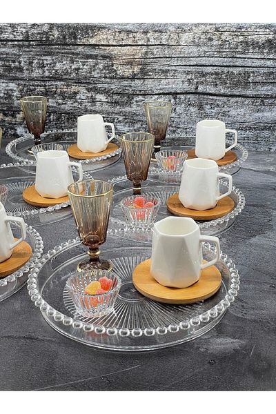 YzHome 6-Person Porcelain Coffee Cup Set Beaded Tray Coffee Side Cup and Turkish Delight Holder 30pcs