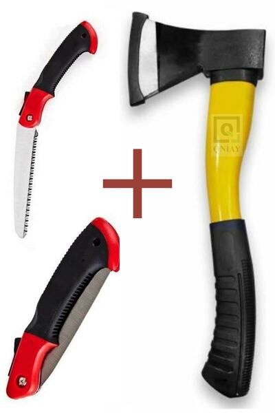 QNİAY 2 Li Budama Seti Fiber Saplı Baltası Katlanabilir Mandallı Cep Testeres...