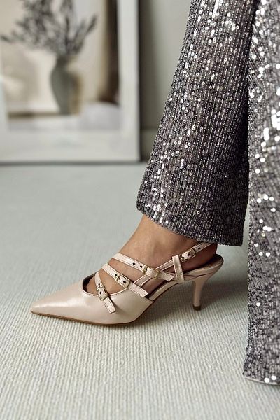 POLKA STORE Obsession Triple Pointed Toe Přezka se třemi pruhy Béžová Skin Ecru Nude Matná kůže Dámské boty na podpatku