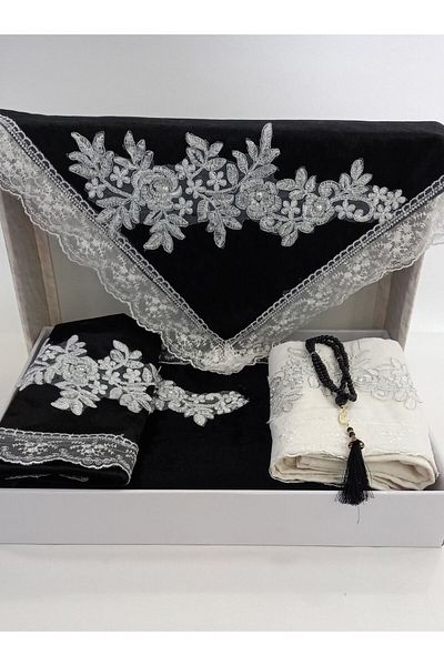 ceyizimdekor 5 Piece Velvet Black Prayer Rug Set Bundle Set