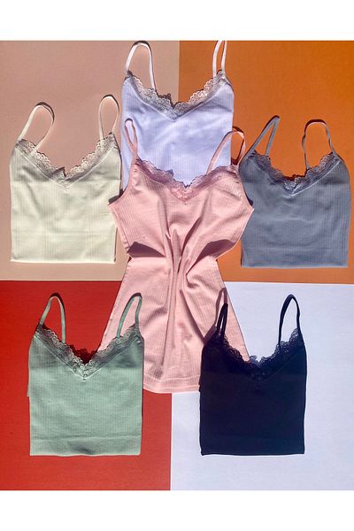 VicTroy Cotton, 5-Piece Rope Strap Lace Ribbed Women's Undershirt (Black, White, Green, Blue and Pink)