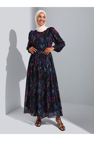 Refka Shawl Patterned Lined Chiffon Hijab Dress - Black Emerald Patterned -