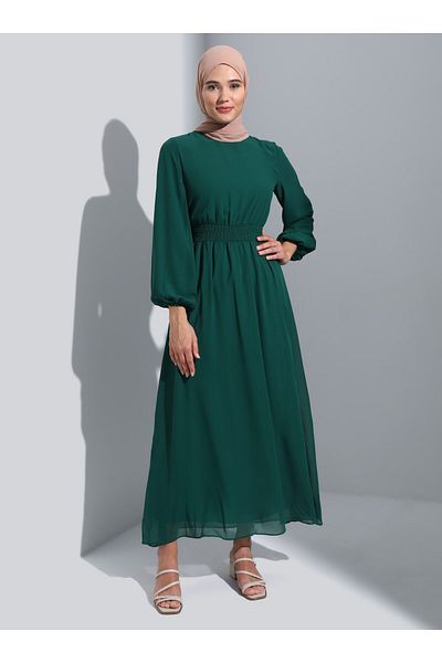 Refka Lined Chiffon Elastic Waist Hijab Dress - Emerald Green -