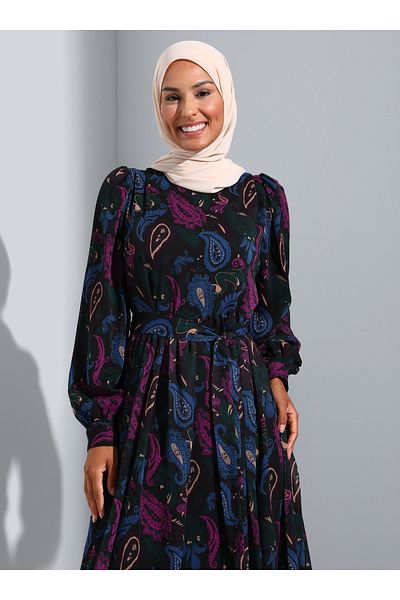 Refka Shawl Patterned Lined Chiffon Hijab Dress - Black Emerald Patterned -