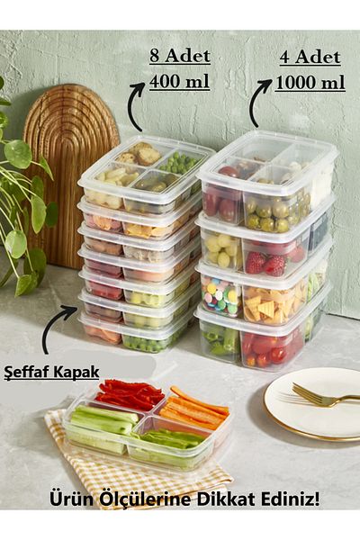 Bayev 12-Piece Storage Set (8 PCS 400 ML) (4 PCS 1000 ML) 4-Compartment Food Portion Storage Container