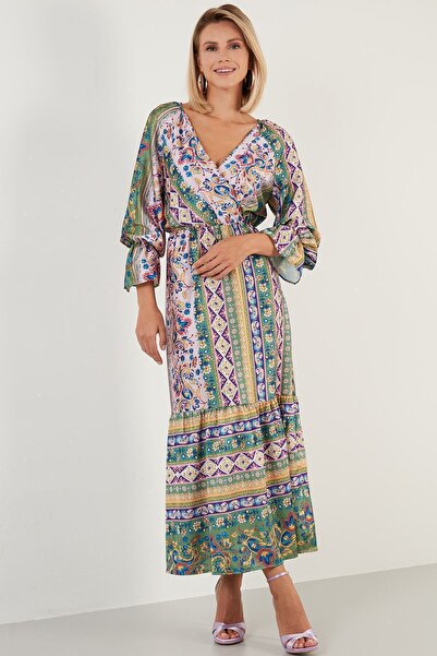 Lela Desenli Rahat Kalıp Kruvaze Yaka Elbise Bayan Elbise 6058062