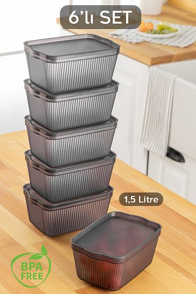 Meleni Home 6-Piece Perry Kitchen Refrigerator Storage Container with Lid – Multi-Purpose Kitchen Organization Box Small 1.5Lt Smoked