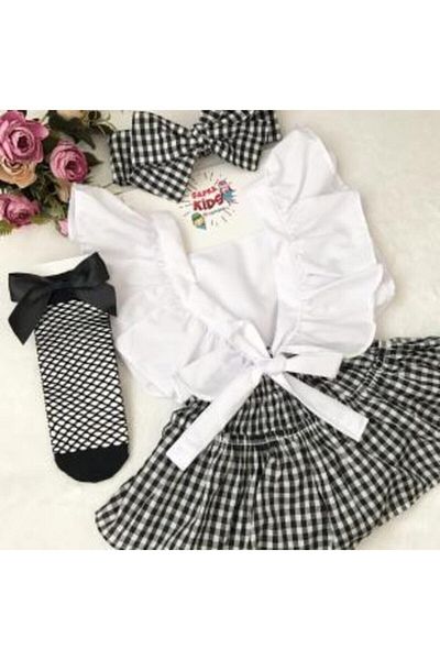 ŞAPKAKİDS Black Gingham Salopet Bandana and Socks Set