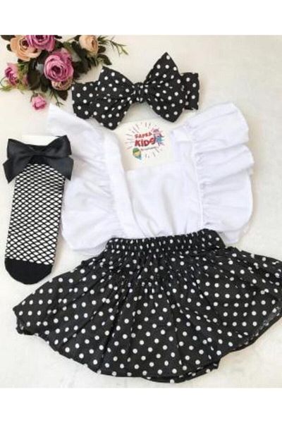 ŞAPKAKİDS Black Polka Dot Salopet Bandana and Socks Set