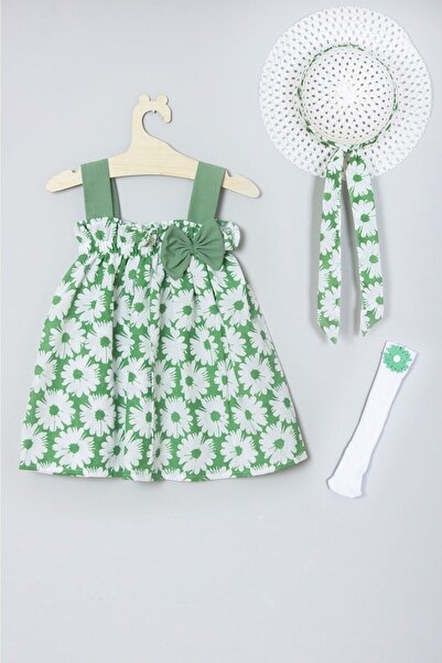 ŞAPKAKİDS GREEN FLOWER HAT DRESS AND SOCKS SET
