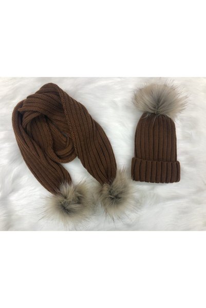 ŞAPKAKİDS Bebek Kahverengi Triko Atkı Bere Set