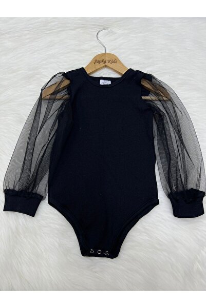 ŞAPKAKİDS Kız Bebek Siyah Kolları Tül Çıtçıtlı Body