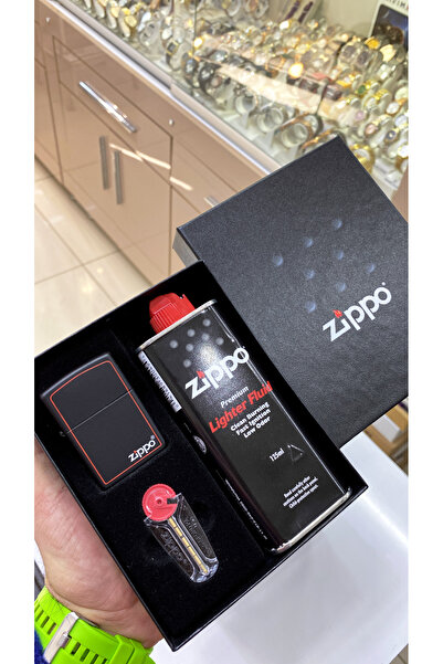 Zippo Siyah Kırmızı Çerçeveli Mat Çakmak + Kutu+Taş+Benzin Hediyelik Set