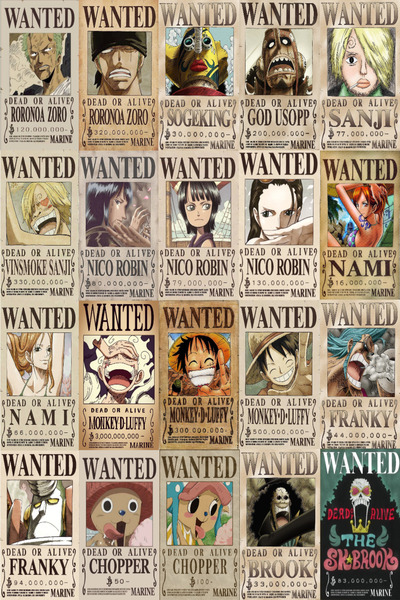 Pridas One Piece Wanted Poster Seti Anime Bütün Tayfa 20'li Kraft Poster 14.5cmx10cm