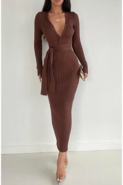 Julishop Γυναικεία καφέ κουμπωμένο V-λαιμός με ζώνη Bodycon Maxi πλεκτό Trico...