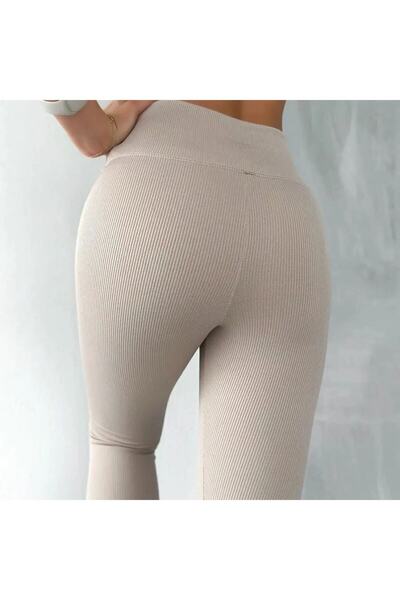 Genel Markalar Siyah Fitilli Tayt, Toparlayıcı Yüksek Bel Fitilli Çizgili Spor Günlük Kadın Tayt Şardonsuz