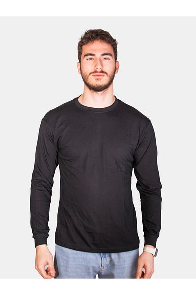 Çapıt Tricou negru pentru bărbați, 100% bumbac, cu mânecă lungă, cu decolteu în formă standard