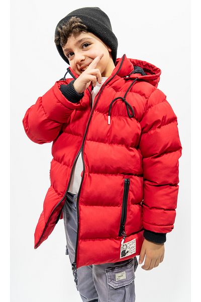 LEONE GYM Furry Plush Lined Removable Hooded Red Boy's Coat