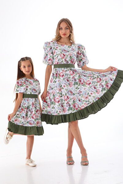 Moda Lippa Combinație de fete de mamă verde vintage cu model de trandafiri (preț unic)
