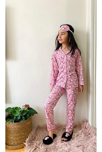 mini kanka Kız çocuk %100 pamuk Göz bantlı düğmeli uzun kollu alt üst ikili gecelik takımı