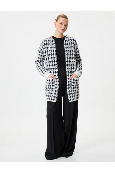 Koton Long Cardigan Houndstooth Patterned with Pockets