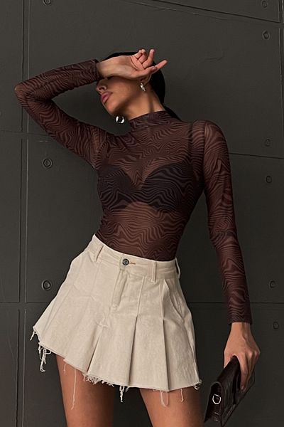 Bipantolon Γυναικεία μπλούζα σε καφέ Zebra Print Tulle Sheer