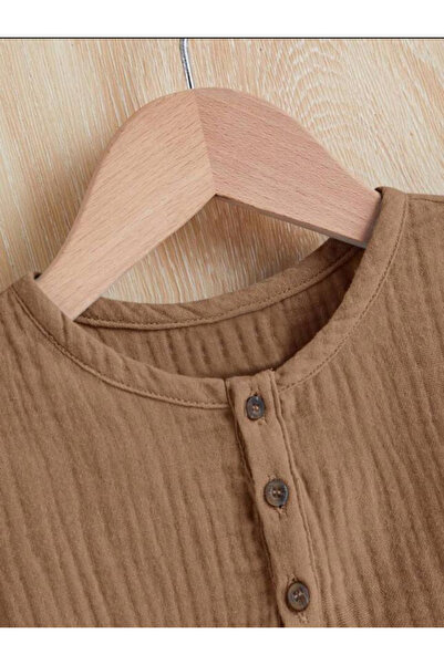 Bubito Unisex Baby&Child 100% Cotton Buttoned Muslin Bottom Top Shorts Set-Brown