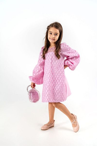 SIRRI Balloon Sleeve Diamond Patterned Children's Party Dress with Bag