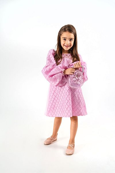 SIRRI Balloon Sleeve Diamond Patterned Children's Party Dress with Bag
