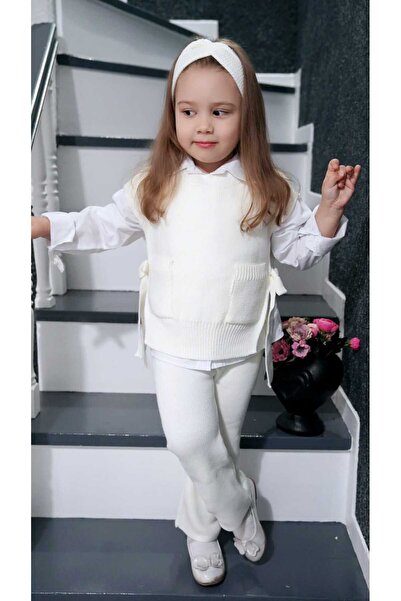Meriç bebe Trendy Girl's 3-Piece Knitwear Set with Hair Band, Trousers, Open Sides and Tie Detail Sweaters