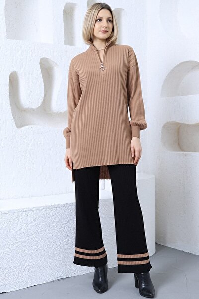 VEGENZE Kadın Kamel Siyah Fitilli Rahat Balon Kol Triko Tunik Pantolon Alt-Üst Takım