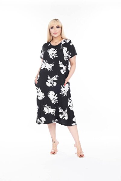 mami butik Plus Size Short Sleeve Above Knee Double Pocket Standard Size Stylish Comfortable Viscose Combed Cotton Dress