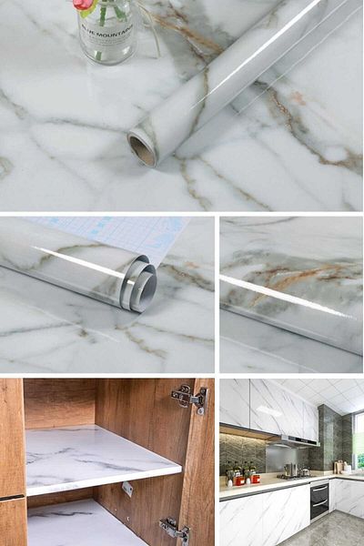 Arives 5m 60cm Marble Pattern Adhesive Kitchen Countertop Foil White