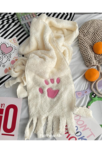 Bakgeldi Unisex Peluş Atkı Beyaz Pati Desen