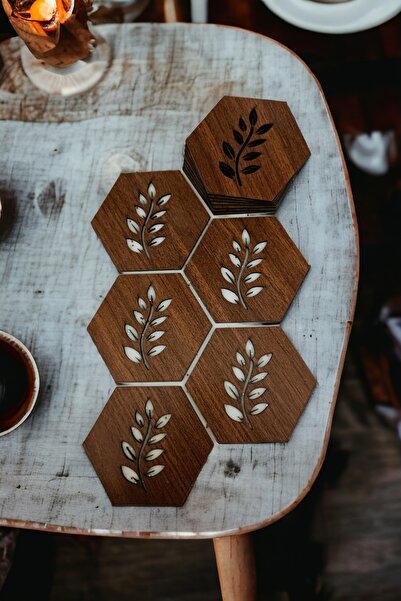 wooden gift design 12 Parça Altıgen Yaprak Desenli Bardak Altlığı