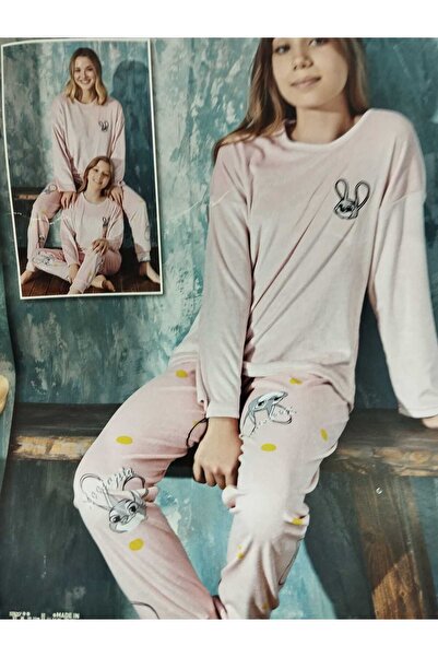 Mihra мек кадифен пижамен комплект с принт на зайци