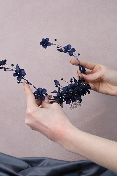 Limelia Lacivert Mila Çiçek Dal Motifli Gelin Kına Tacı