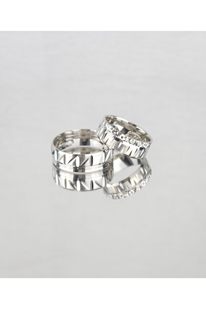 Gri Gümüş Düz Brose Çentik Desenli 925 Ayar Gümüş Alyans, Nişan ve Söz Yüzüğü