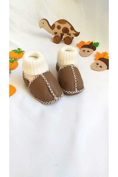 MİNİBİRİ Organic Genuine Lambskin Baby Booties Slippers Baby Boots Baby Shoes